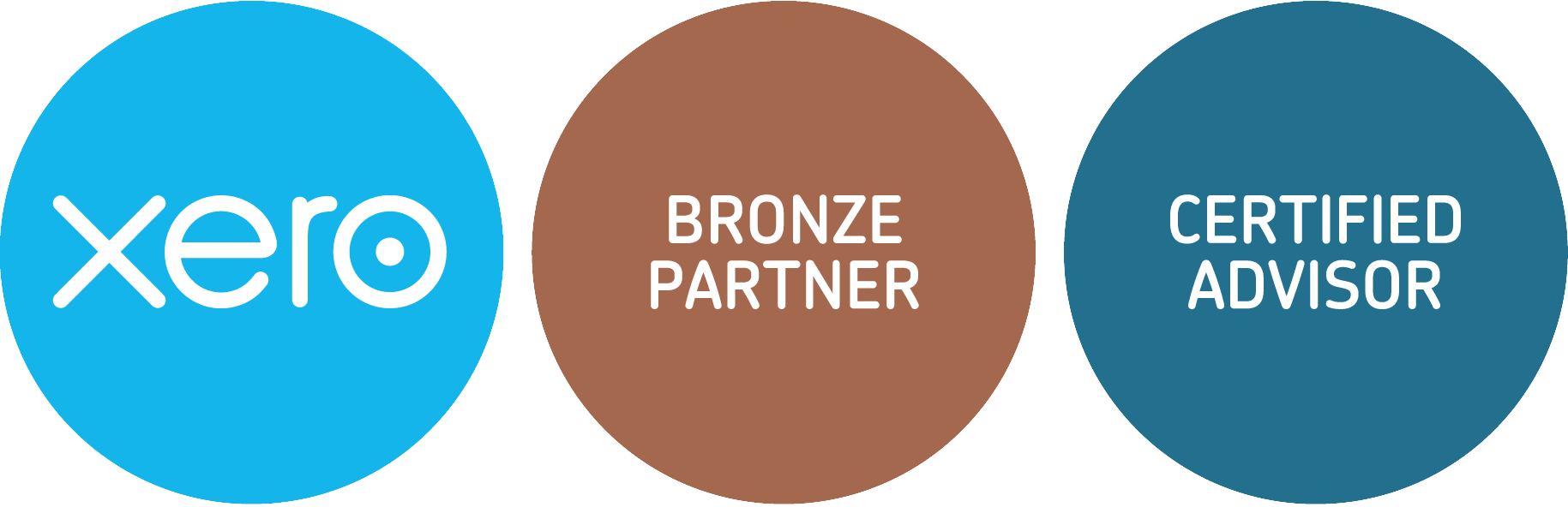 Three circular badges with text Xero, Bronze Partner, and Certified Advisor.