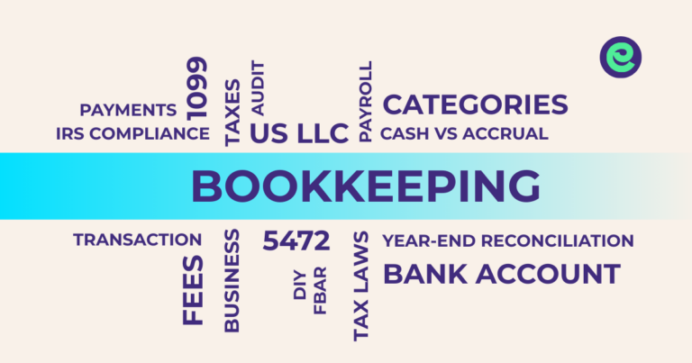word cloud with terms relevant for bookkeeping for foreign-owned LLCs like bookkeeping, 5472, US LLC, audit, IRS compliance, bank account, and taxes,