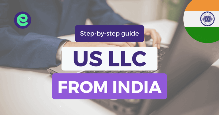 Step-by-step US LLC formation from India graphic showing Indian flag and professional setting.