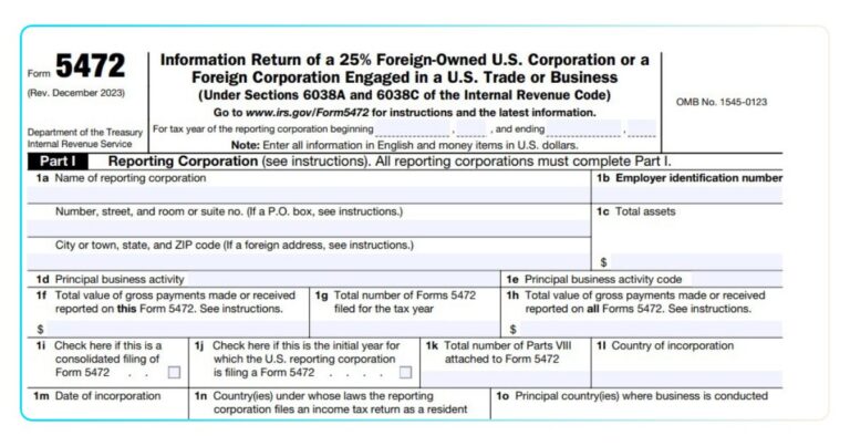 IRS Form 5472 fields for reporting corporation details and tax information.