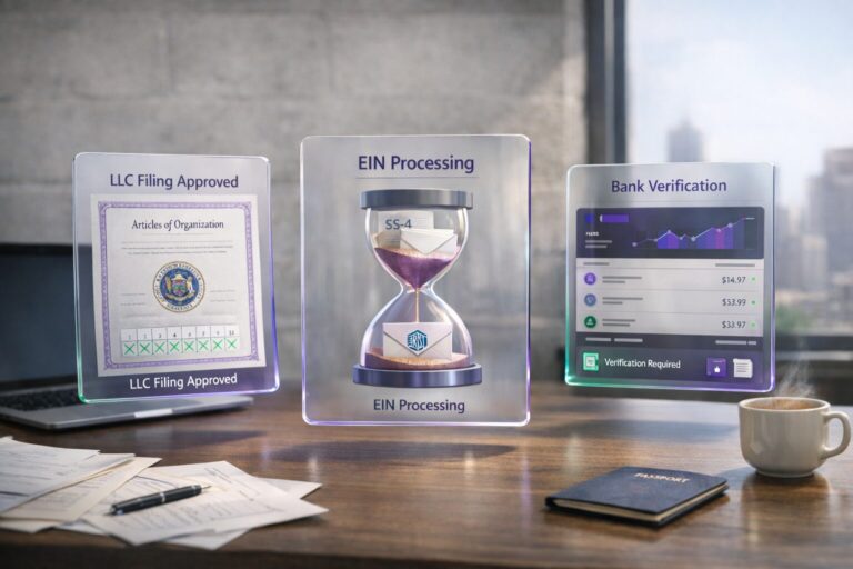 Visualizing steps for how long it takes to set up a US LLC: LLC filing, EIN processing, banking