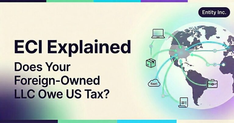 ECI guide graphic showing foreign-owned LLC US tax rules, globe, business icons and compliance pathways