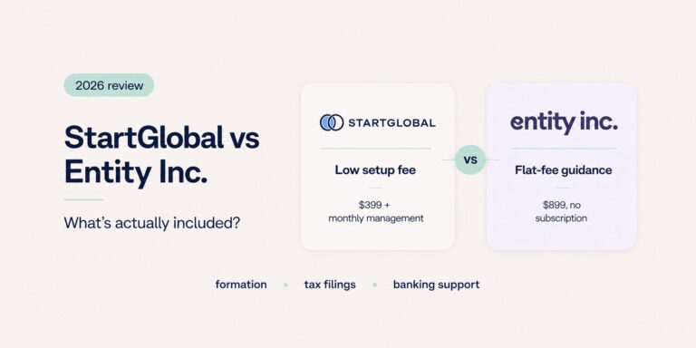StartGlobal vs Entity Inc. 2026 comparison image showing StartGlobal’s low setup fee and monthly management model beside Entity Inc.’s flat-fee guidance with no subscription for non-resident founders.