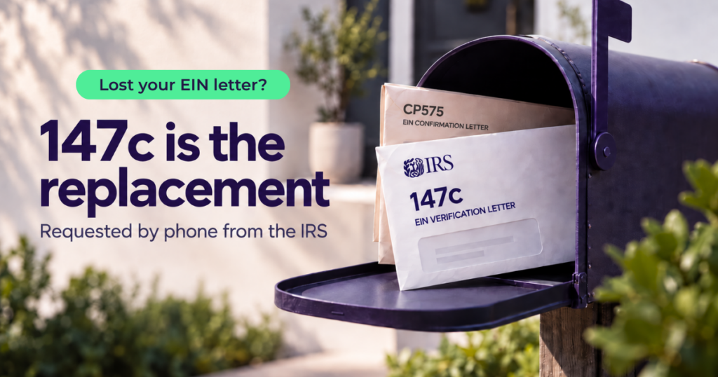 Purple mailbox with IRS 147C EIN verification letter replacing a lost CP575 EIN letter.