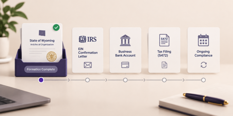 Timeline showing US LLC post-formation steps: EIN, bank account, Form 5472 and ongoing compliance.
